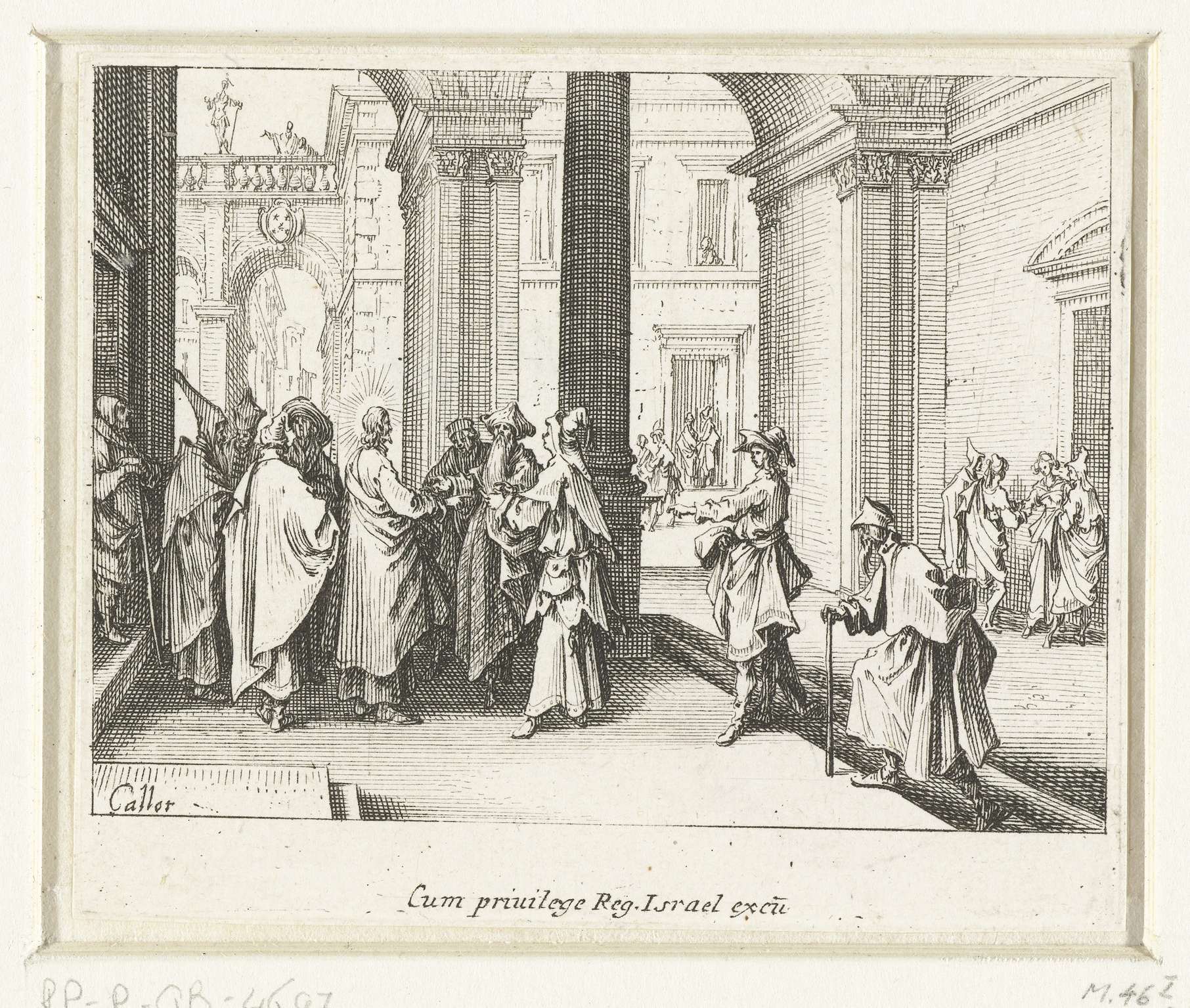 Christus discussieert met de farizeeërs over het betalen van belasting, by Jacques Callot, public domain