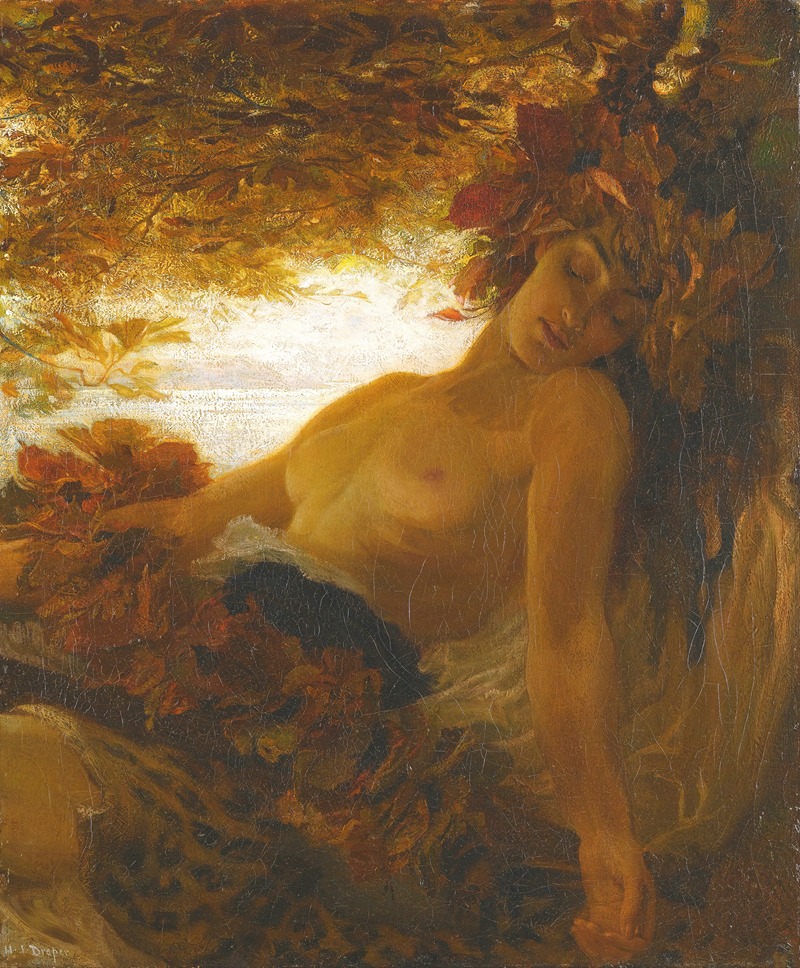 Herbert James Draper's *Autumn* captures a serene female figure surrounded by autumn leaves.
