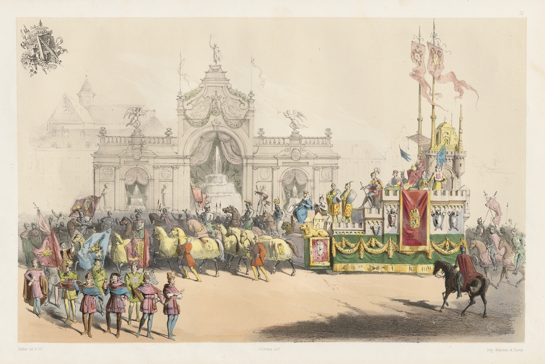 Historical scene with regal figures and banners by Jules Helbig, oil painting