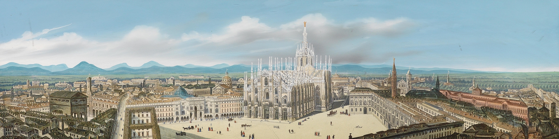 Panorama von Mailand by Leopoldo Calvi, oil on canvas depicting Milan's skyline with golden light.