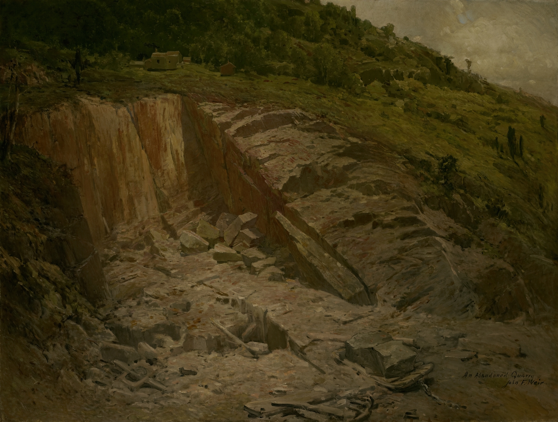 Landscape of An Abandoned Quarry by John Ferguson Weir, oil painting featuring rugged cliffs and sparse vegetation.