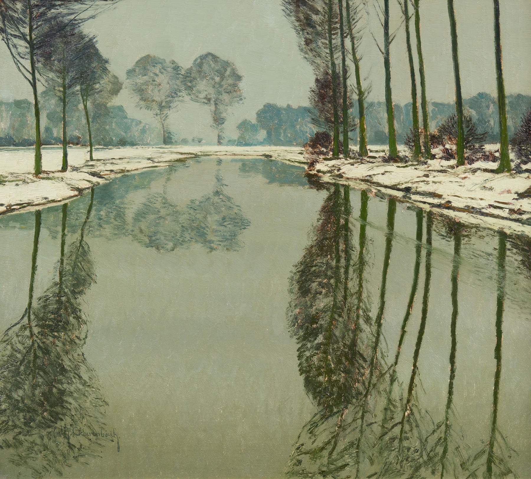 Winter landscape with a frozen river, oil on canvas by Max Clarenbach