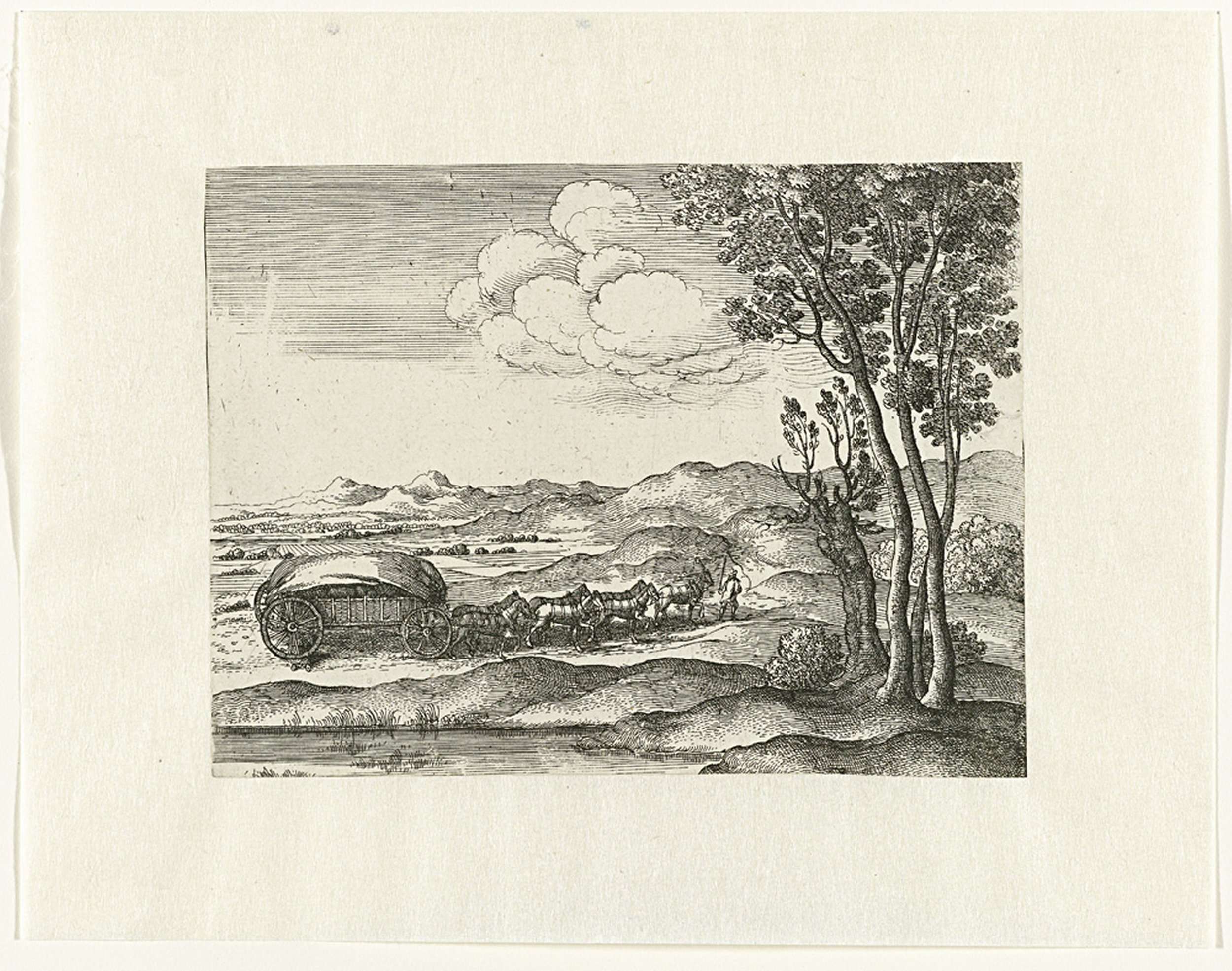 Landschap met wagen voortgetrokken door paarden, etching by Wenceslaus Hollar depicting a rural landscape with horses and a cart.