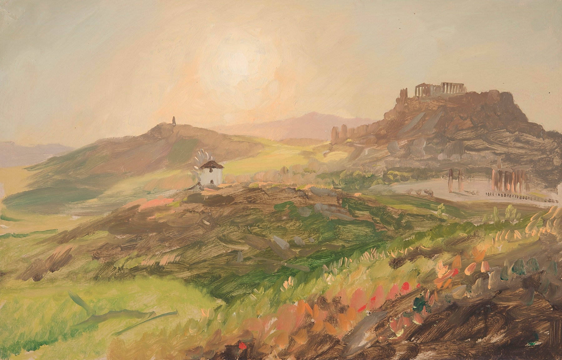 View of the Acropolis, Athens by Frederic Edwin Church, oil painting depicting ancient ruins and sunlight.