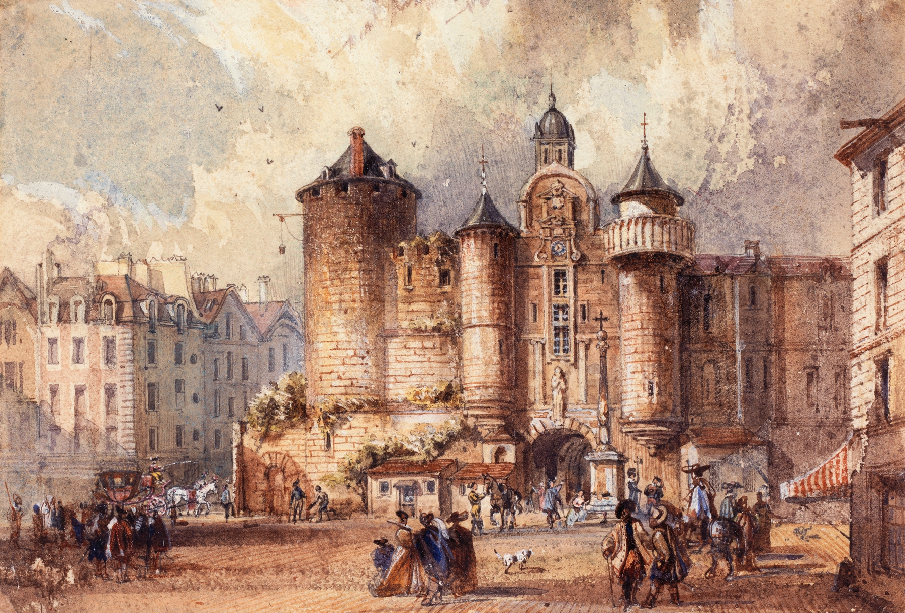L’entrée de l’ancienne forteresse du Grand Châtelet, un jour de Carnaval, by Auguste-Sébastien Bénard, public domain