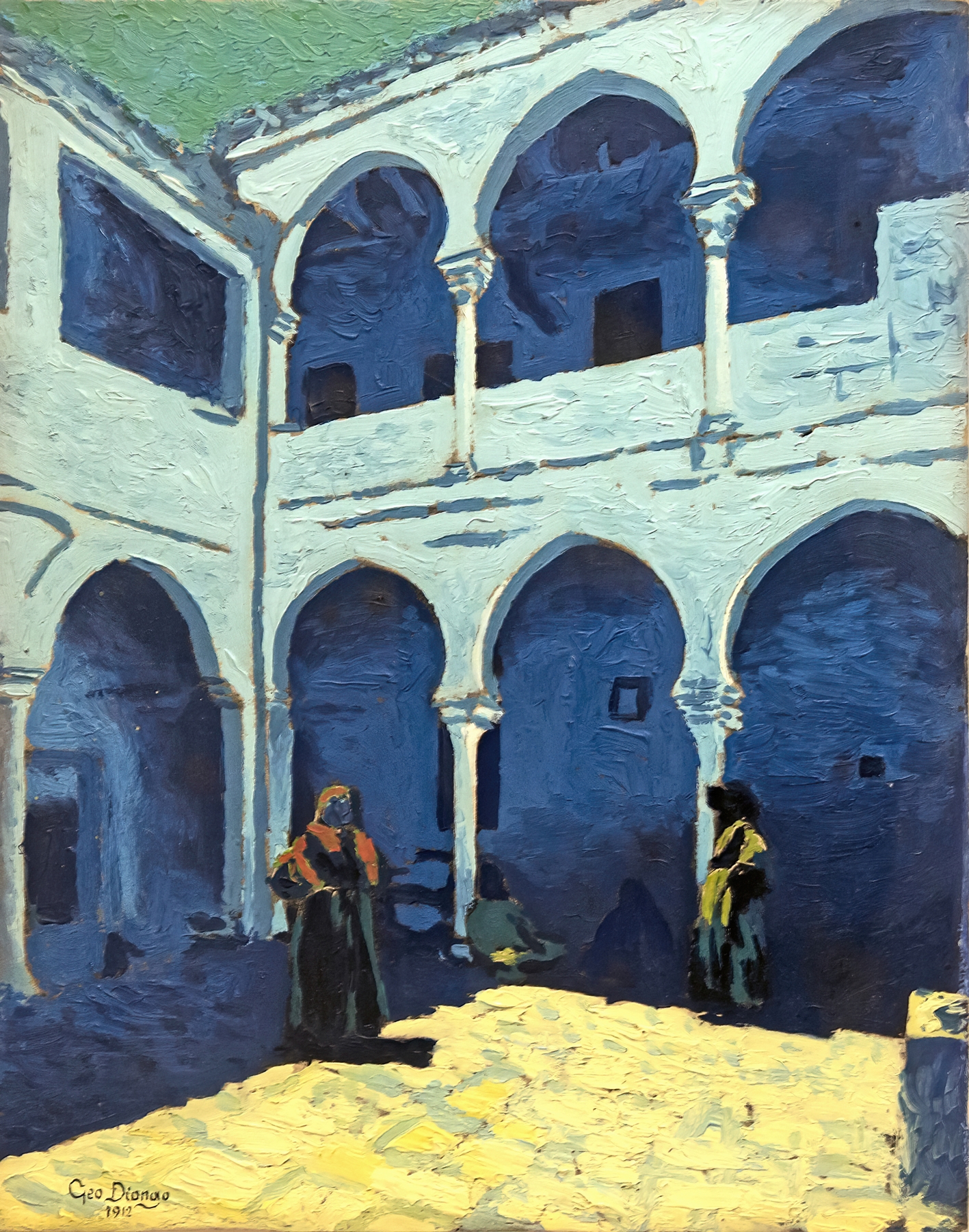 Interior scene of a Moroccan riad with greenery and terracotta tiles, oil on canvas by Georges Gaudion