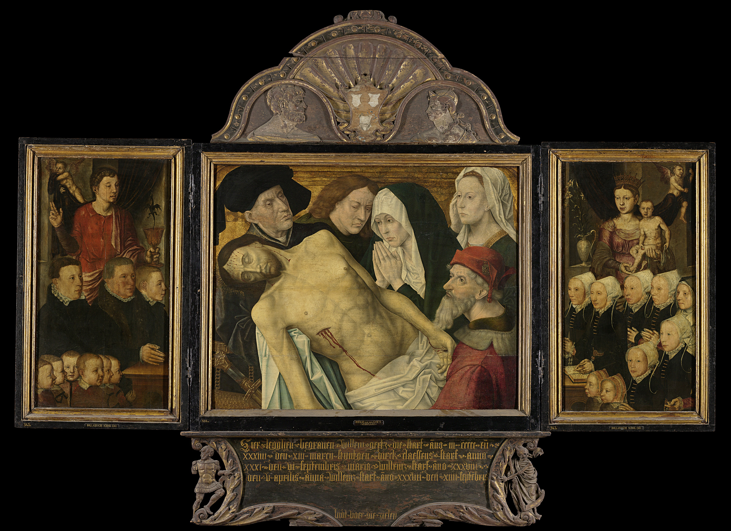 Memorial Triptych, oil on panel by Hugo van der Goes, depicting mourning figures and saints.