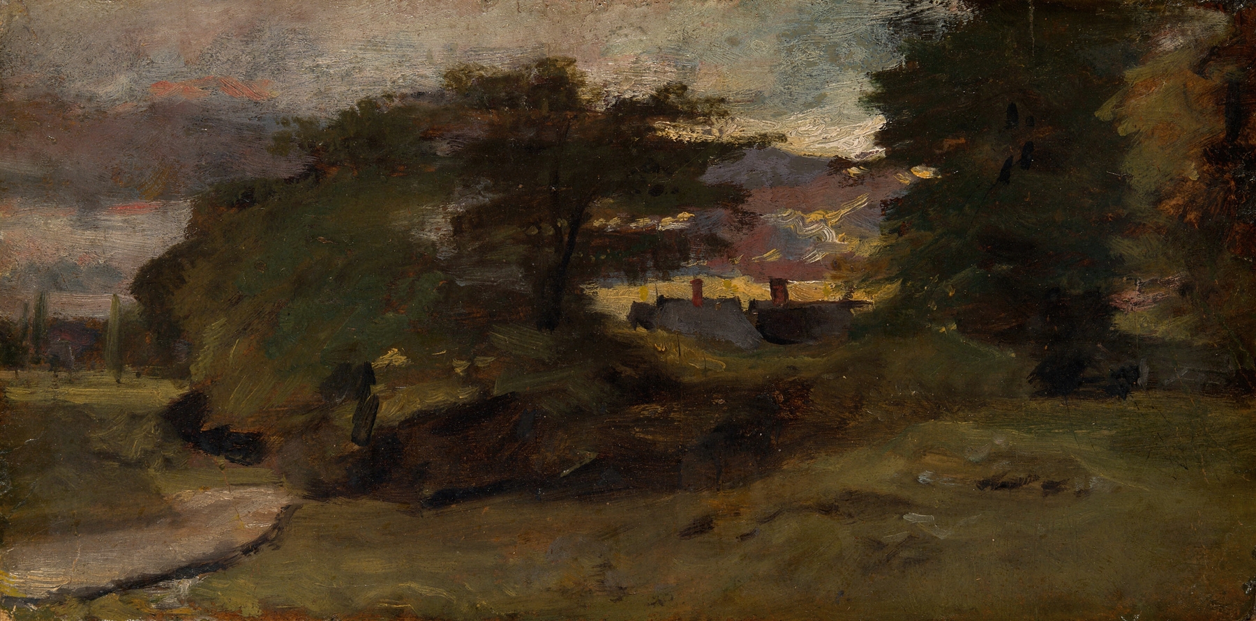 Landscape with Cottages, oil painting by John Constable, featuring cottages in a lush meadow.