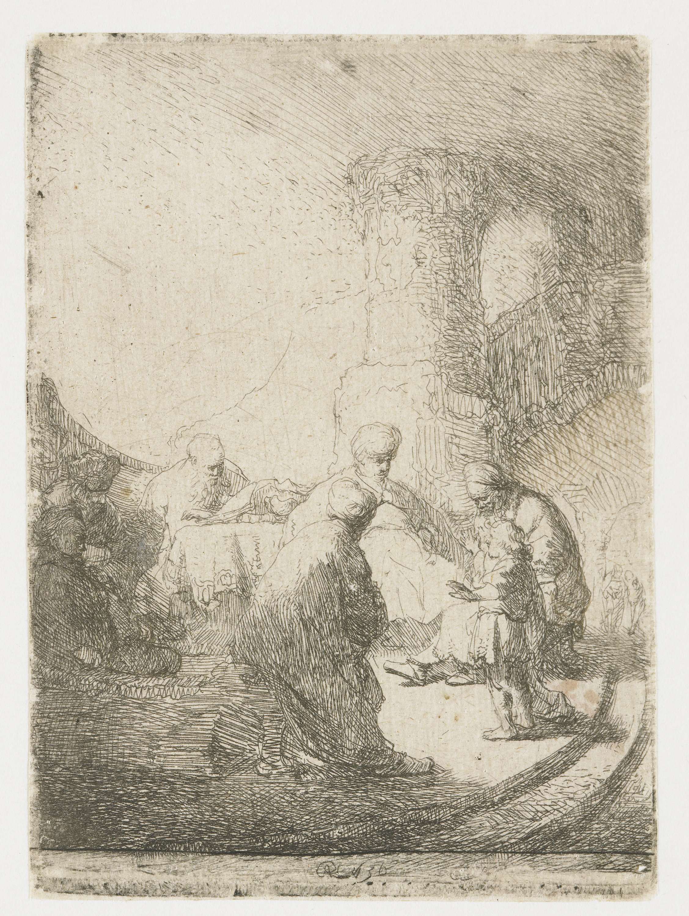 Christ disputing with the Doctors: small plate, by Rembrandt van Rijn, public domain