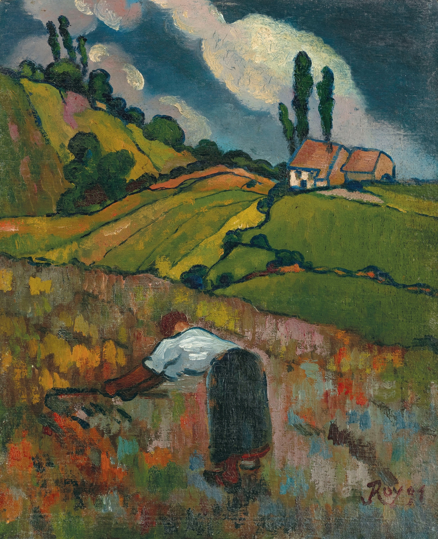 Peasant woman harvesting in an oil painting by Louis Roy