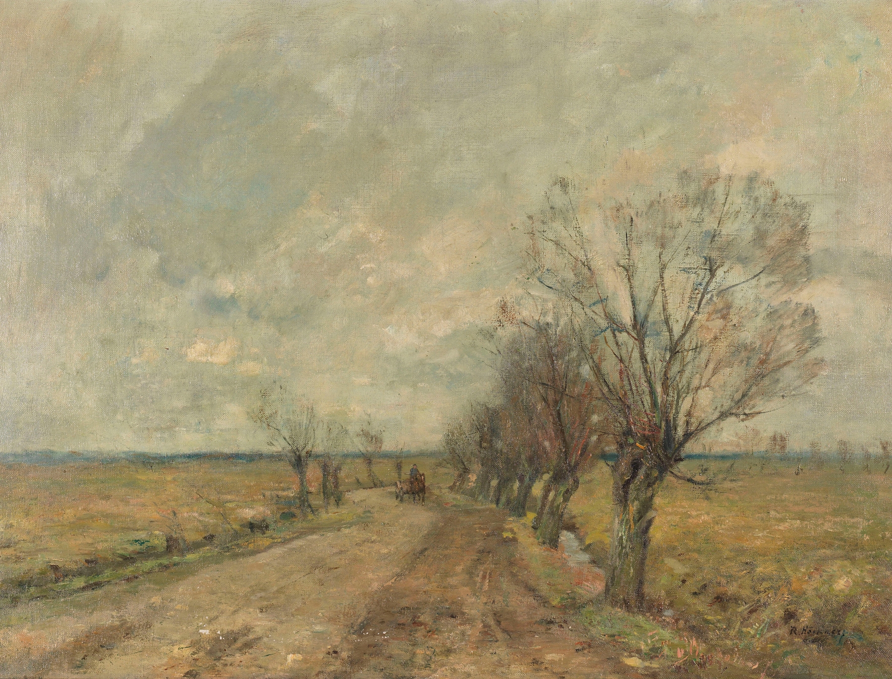Marschlandschaft mit Weidenallee und Reiter by Rudolf Höckner, oil on canvas showing a rider along a willow-lined path.