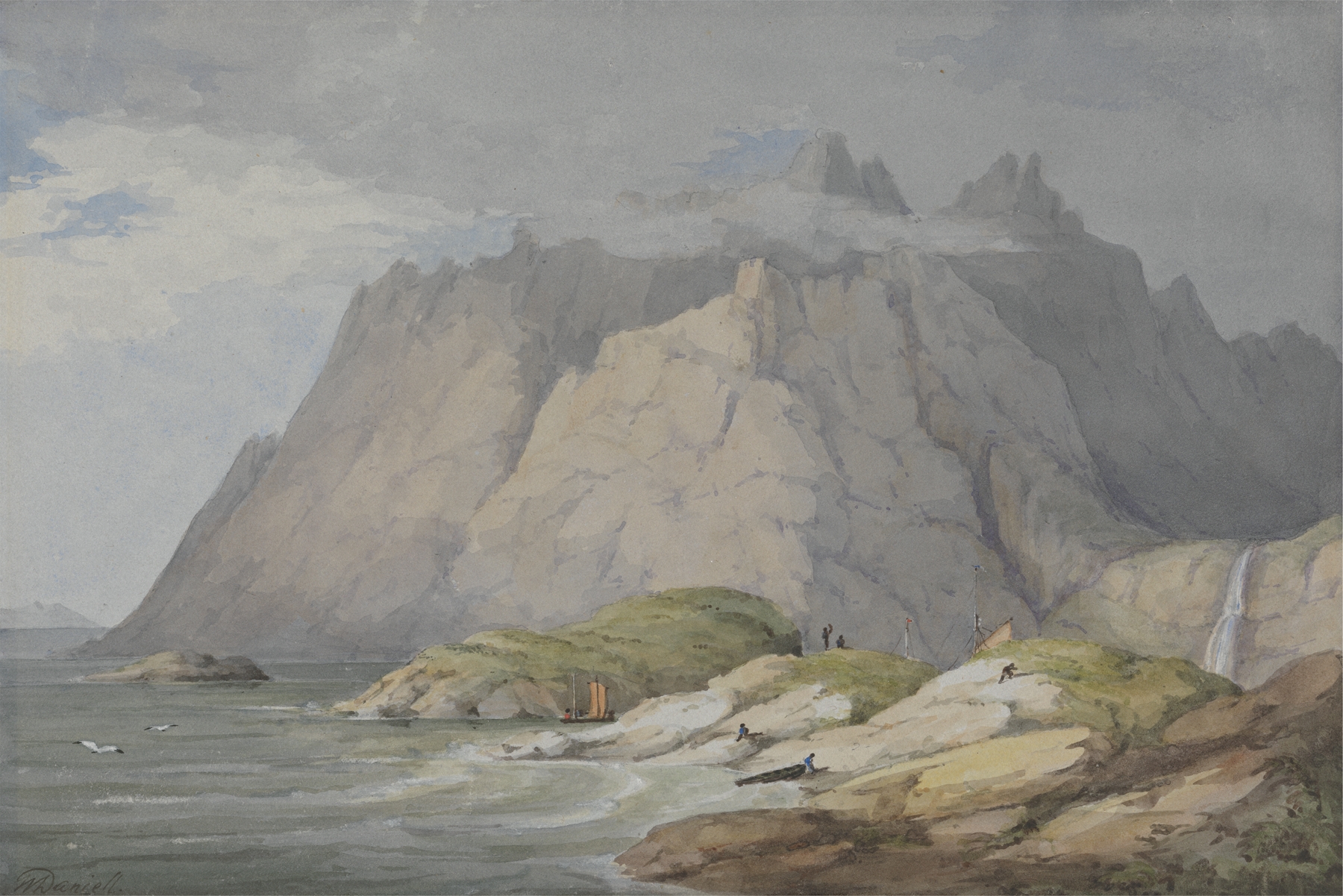 Loch Scavaig, Isle of Skye by William Daniell, oil painting depicting rugged cliffs and tranquil waters.