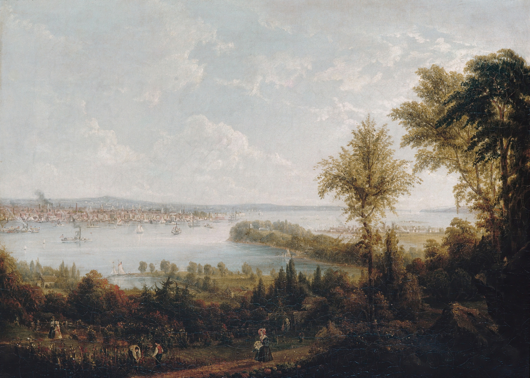 Engraving by Robert Havell Jr. showing the bay and New York City skyline.
