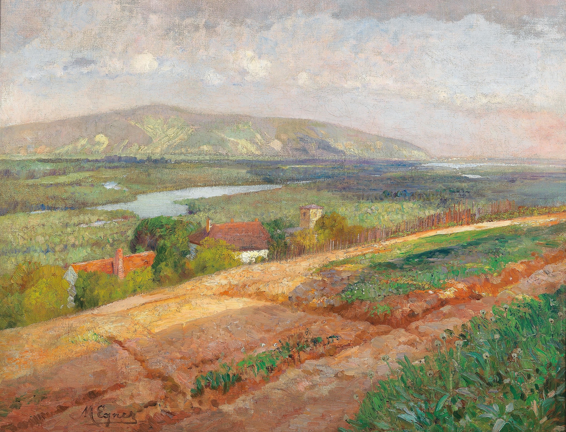 Oil painting by Marie Egner depicting a tranquil landscape with hills and soft light.