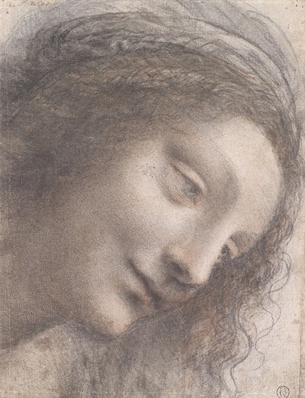 A portrait of the Virgin Mary by Leonardo da Vinci in three-quarter view.