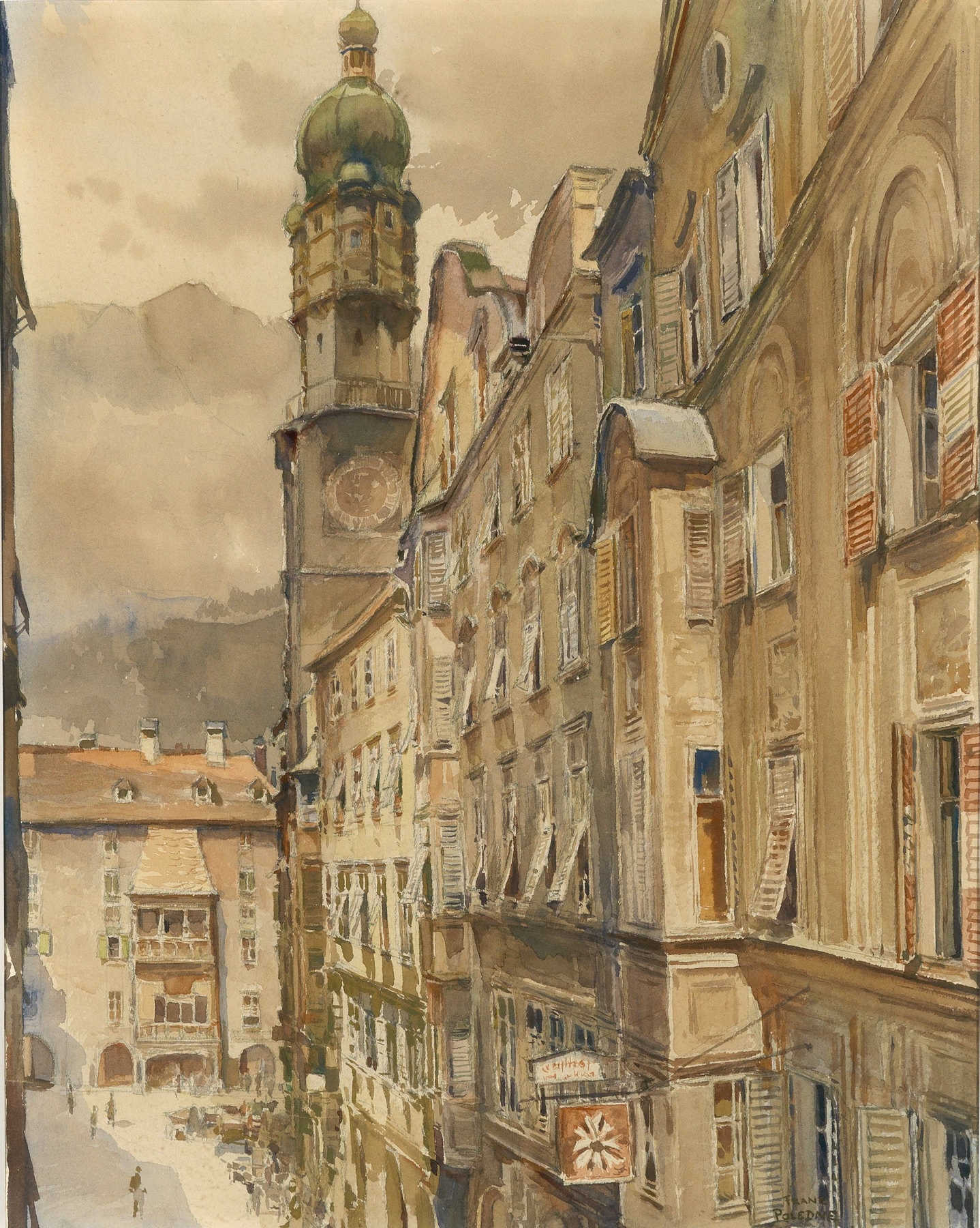Rococo architecture of Das Goldene Dachl in Innsbruck by Franz Poledne, oil on canvas