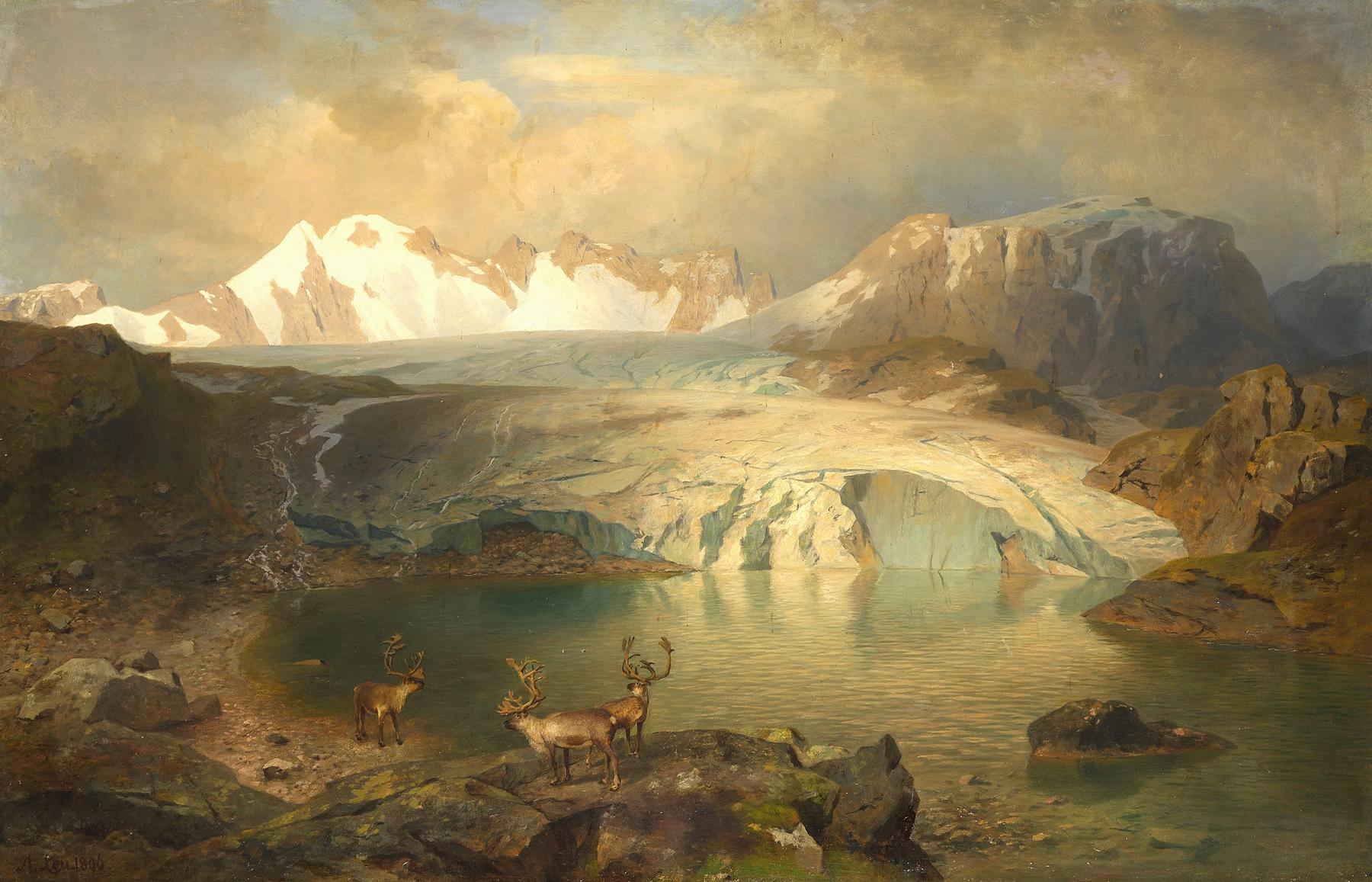 Fjordlandschaft mit Gletscher und Rentieren by August Wilhelm Leu, oil on canvas depicting a fjord with glacier and reindeer
