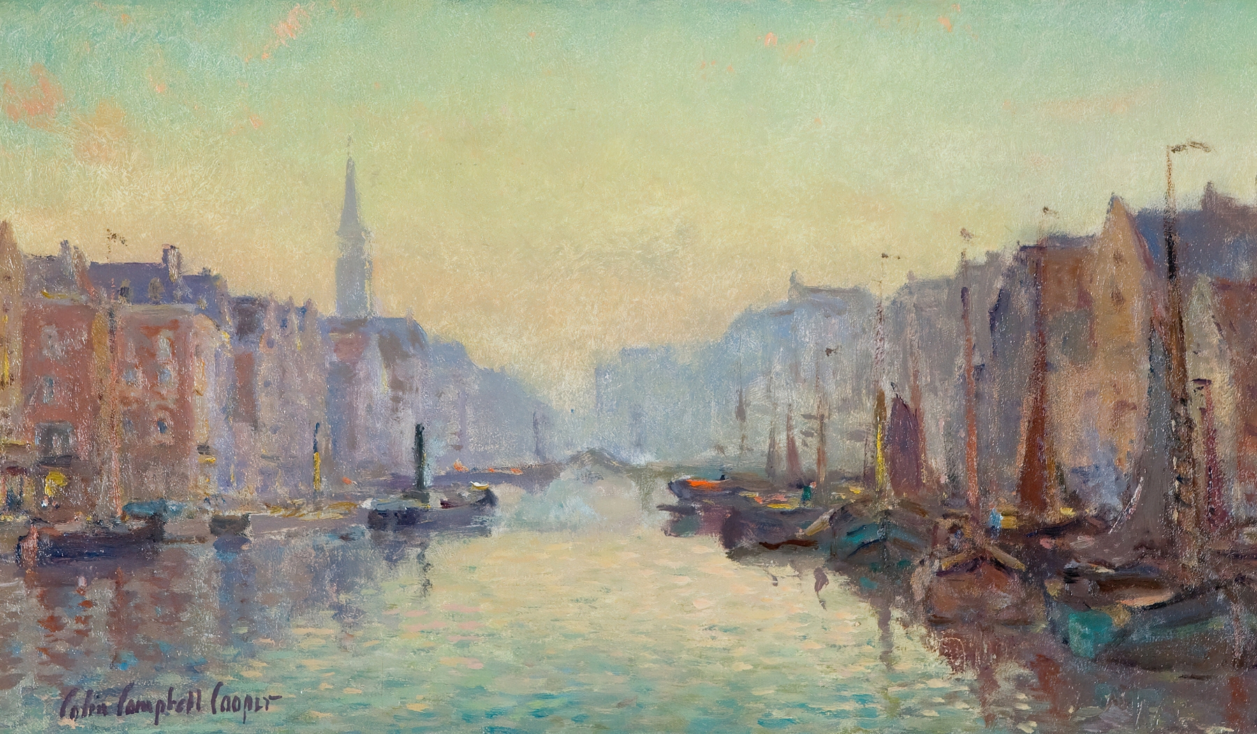 Oil painting of a canal in Rotterdam by Colin Campbell Cooper