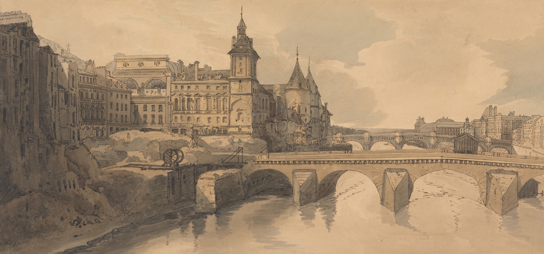 Watercolour by Thomas Girtin depicting a bridge over a river.