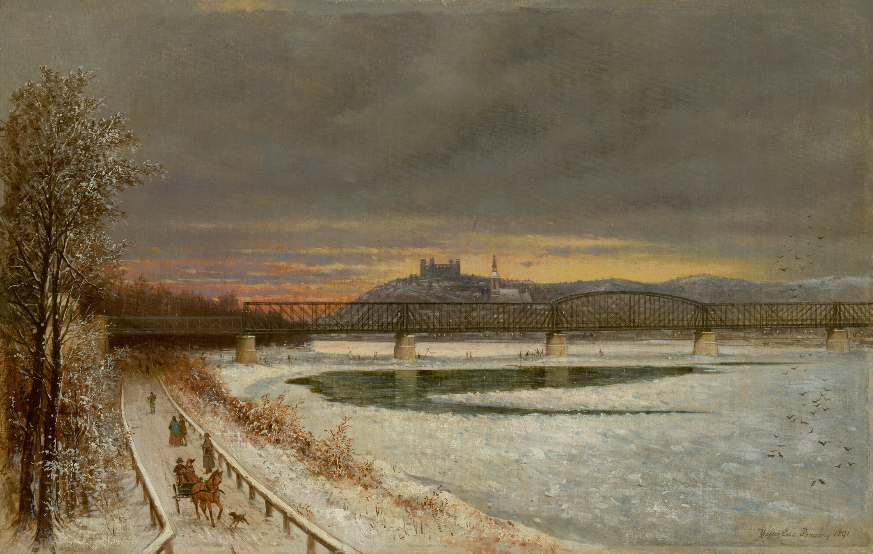 View Of Bratislava, oil on canvas by Eduard Majsch, depicting a cityscape with hills and spires.