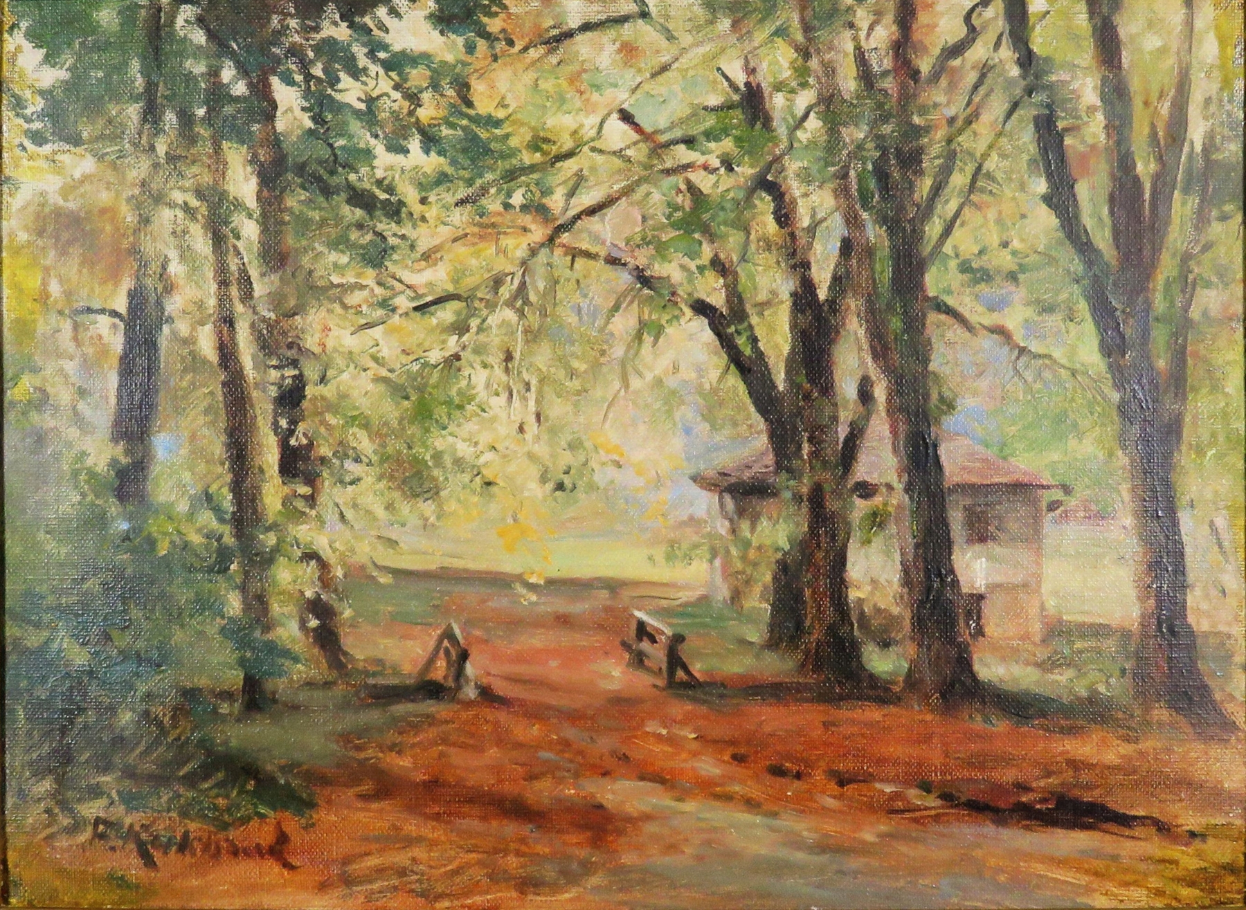 Autumn landscape with golden light illuminating the forest floor, oil painting by Franz Kulstrunk