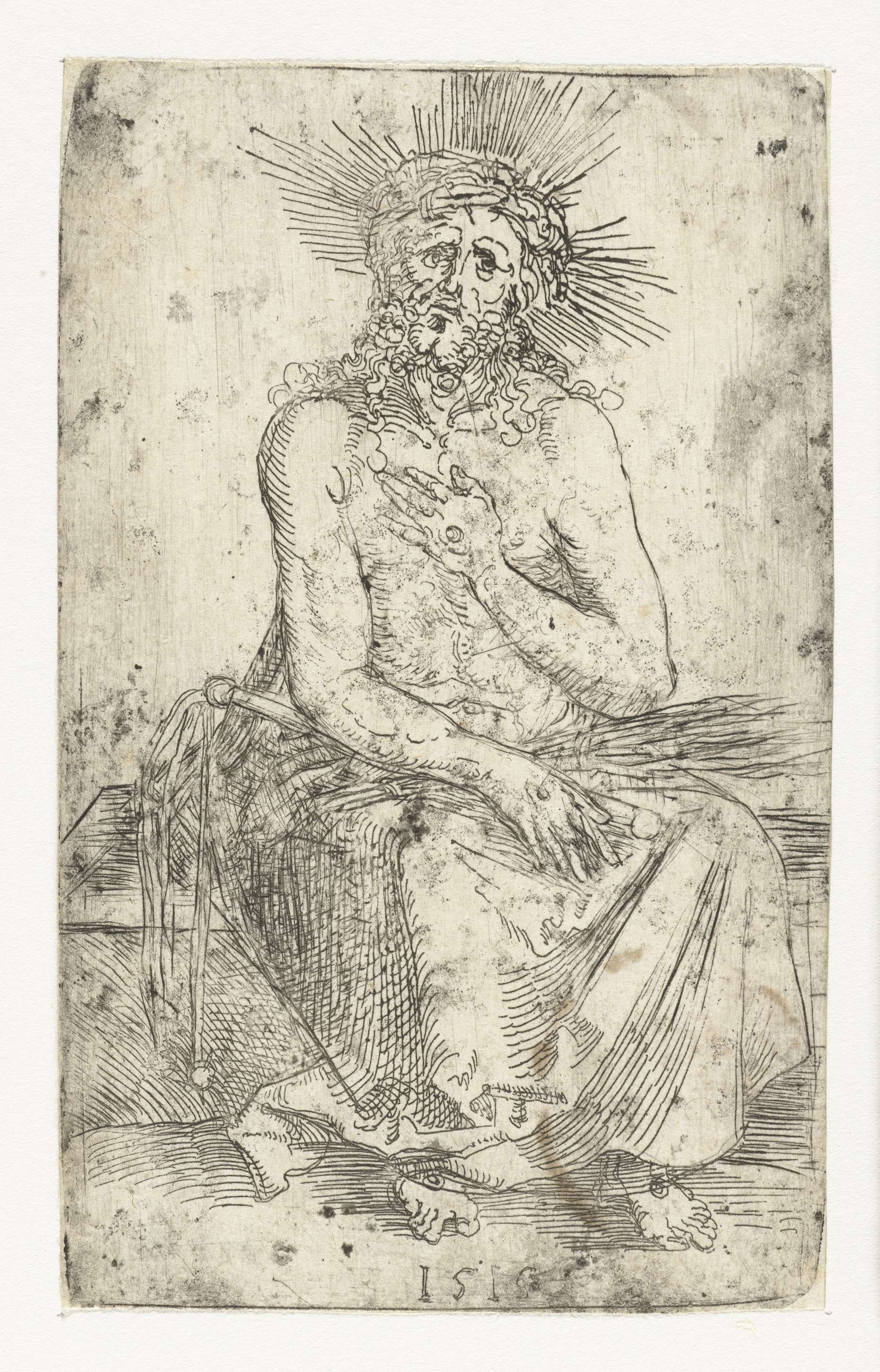 Etching by Albrecht Dürer depicting Christ seated in contemplation, 1515