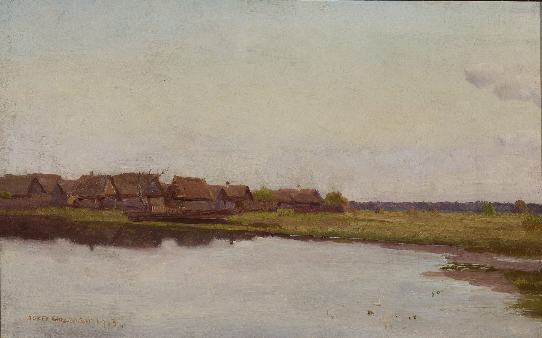Village by the Water, oil painting by Jozef Chelmonski, depicting a serene landscape with water and twilight.