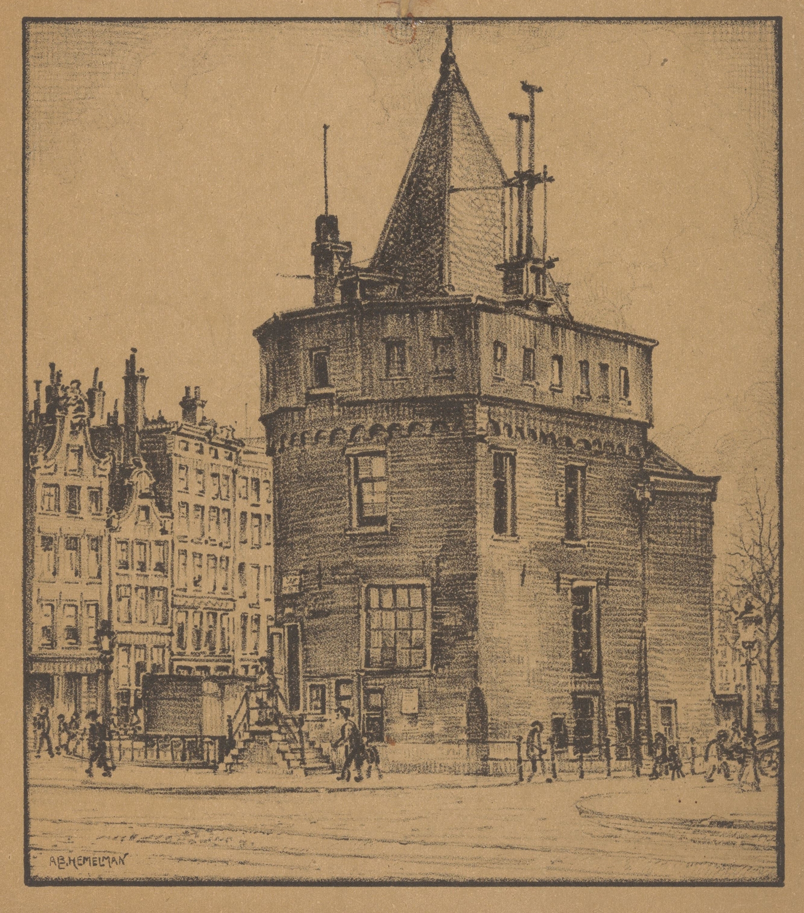 Schreierstoren by Albert Hemelman, oil on canvas depicting a historic tower illuminated by sunlight.