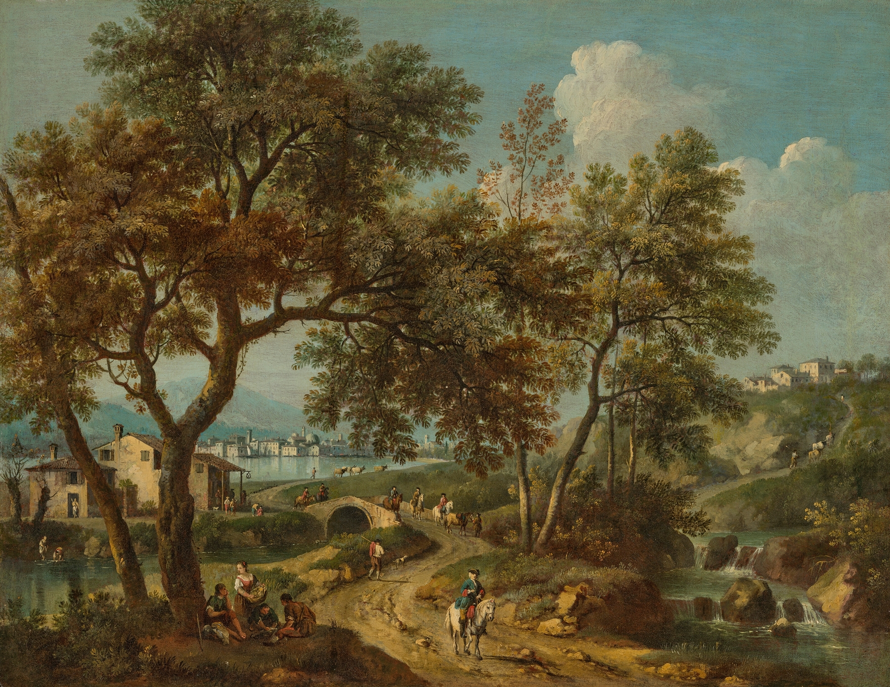 Italianate landscape with figures on a bridge, oil painting by Giovanni Battista Cimaroli