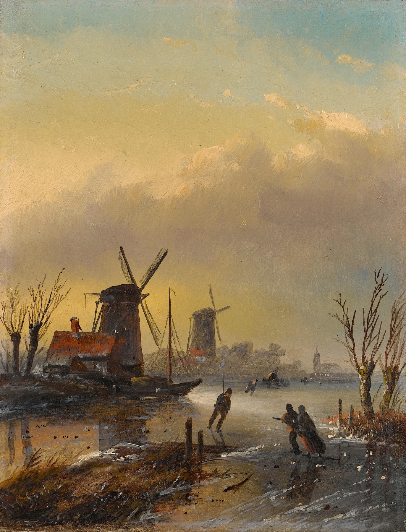 Figures on a Dutch frozen waterway, oil painting by Jan Jacob Coenraad Spohler