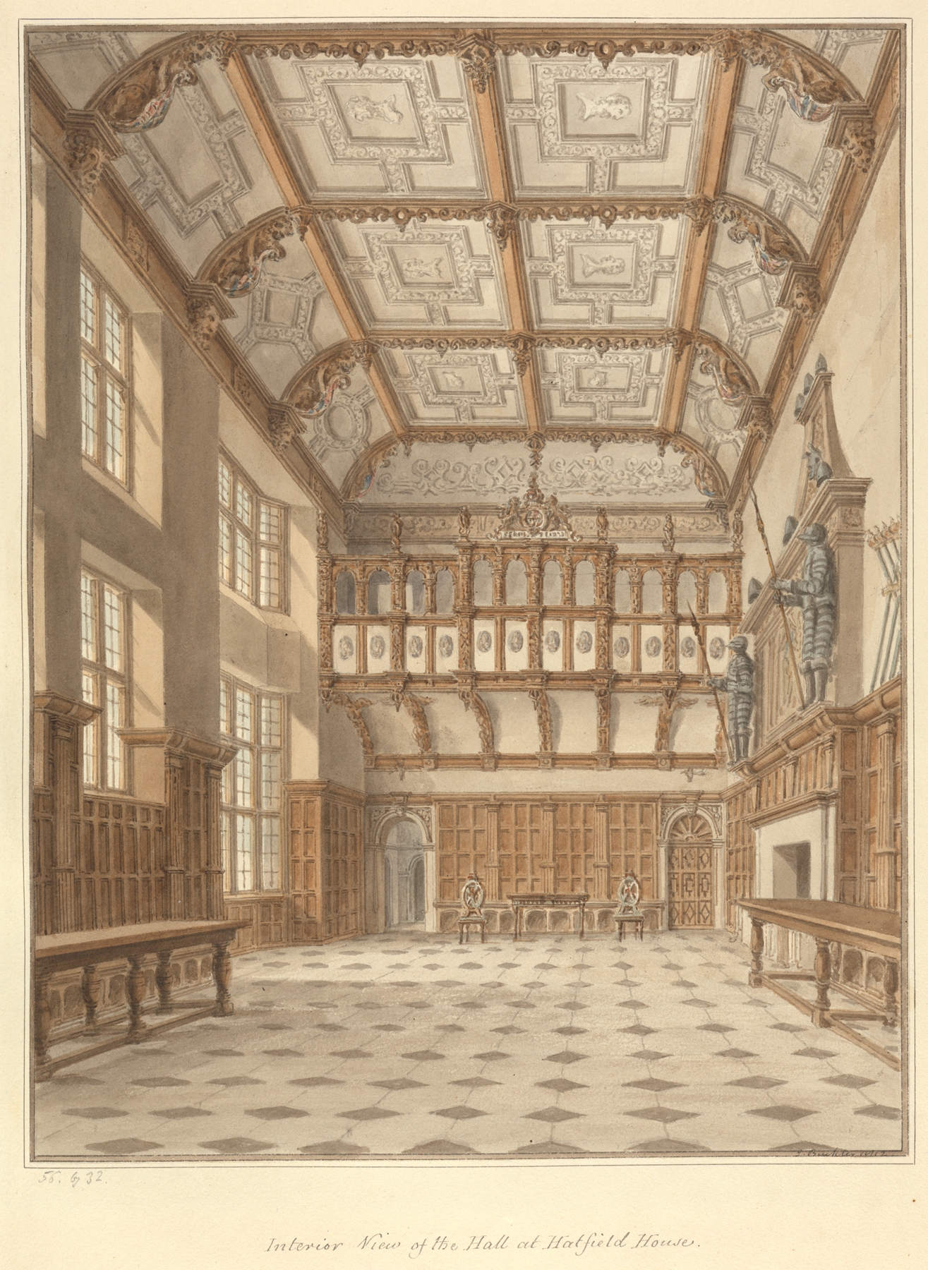 Interior view of Hatfield House, showcasing woodwork, by John Buckler