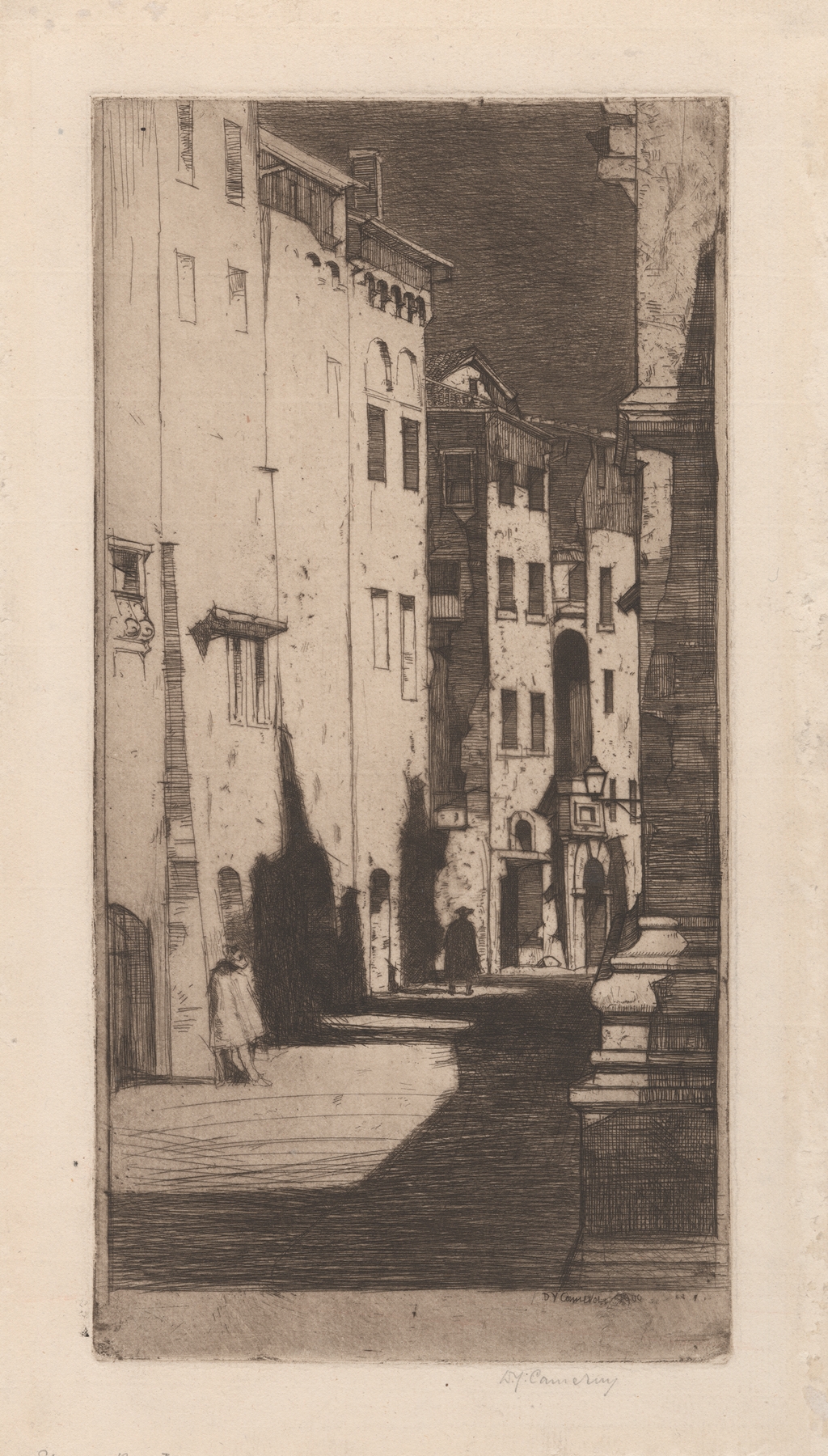 Siena by David Young Cameron, etching depicting an ancient city with golden light.