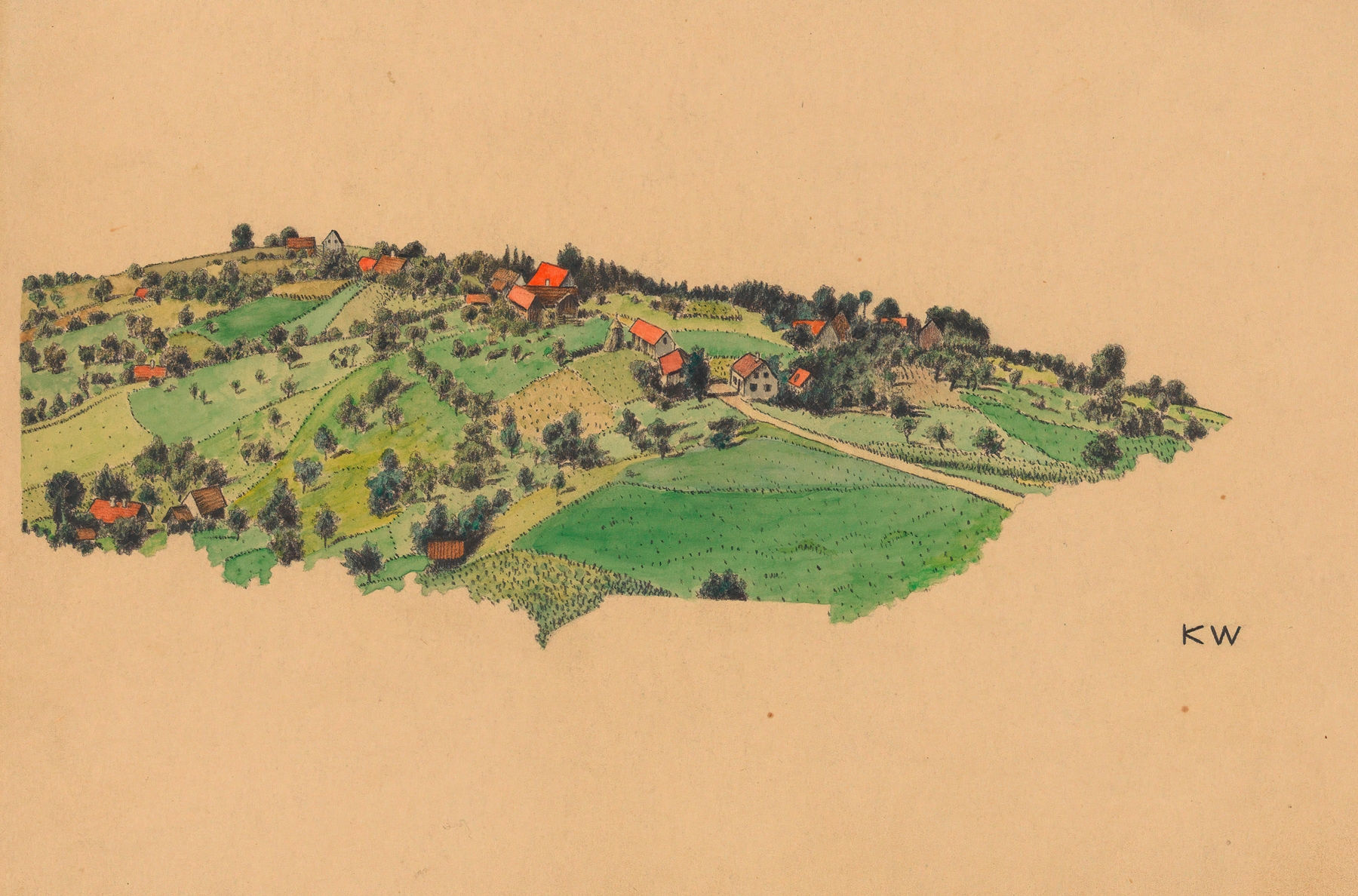 Landscape by Karl Wiener, Post-Impressionism, depicting rolling hills and clouds.