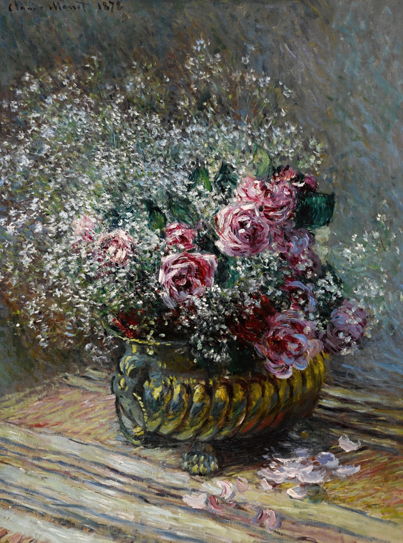 A still life painting featuring roses in a pot with a misty background.