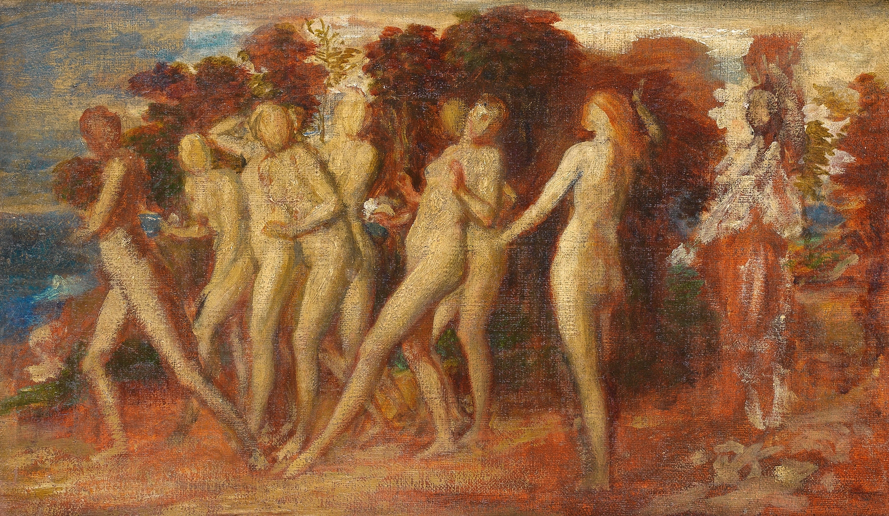 A Bacchanal by George Frederic Watts, oil painting depicting figures in ecstatic celebration.
