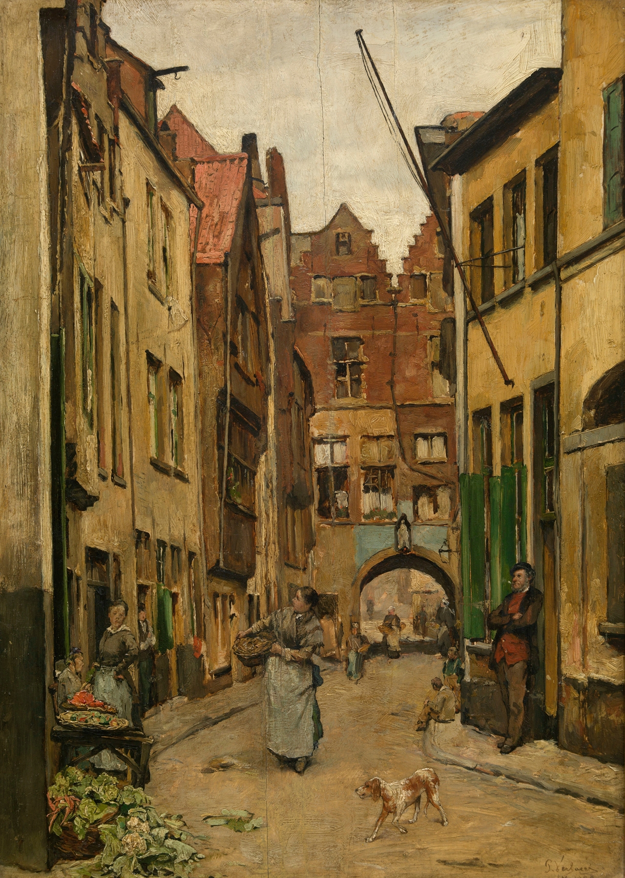 Genre scene depicting a serene street with trees and cobblestones by Piet Verhaert, Impressionism