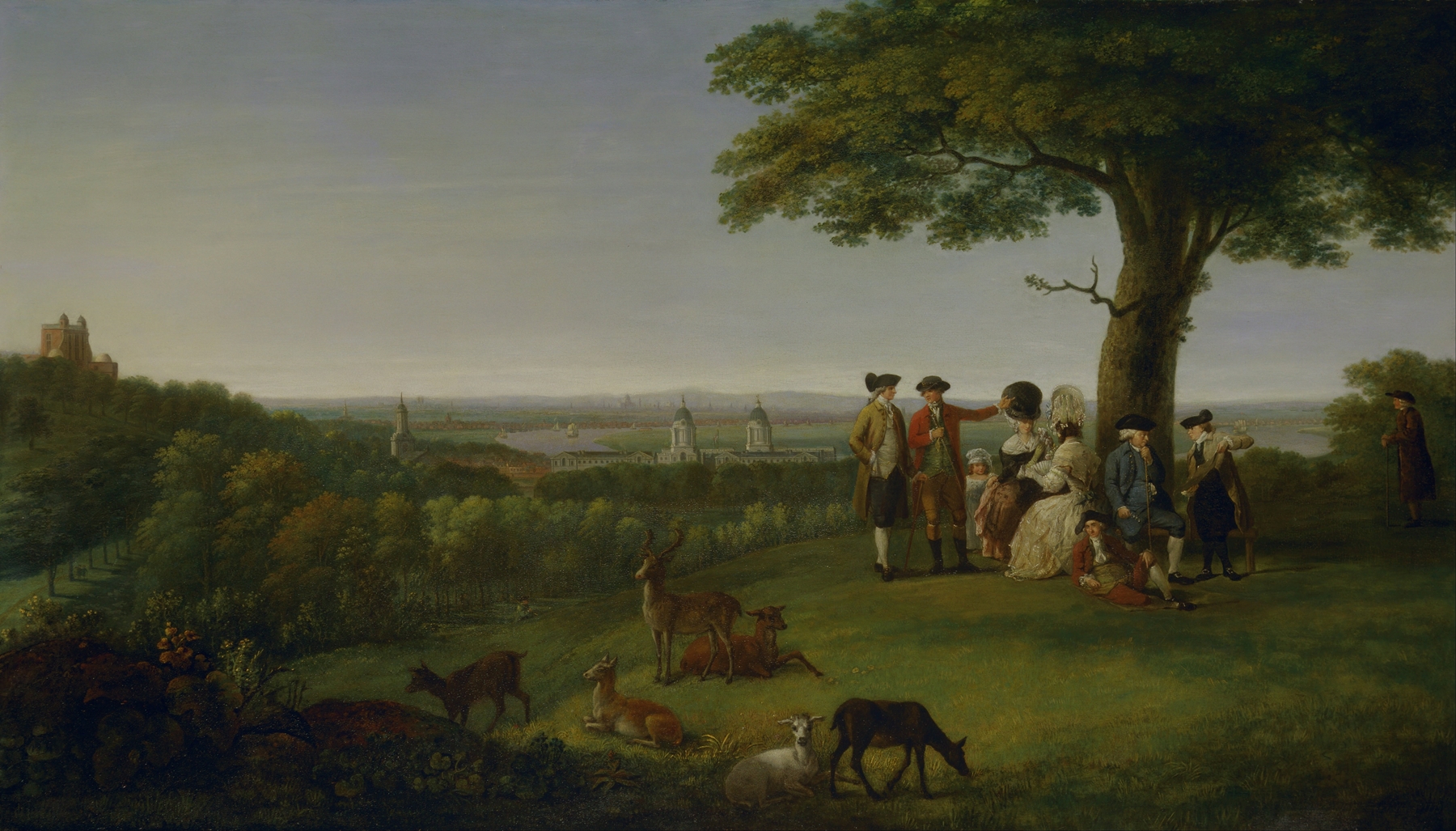 One Tree Hill, Greenwich, oil painting by John Feary, featuring a landscape with a tree and London in the distance.