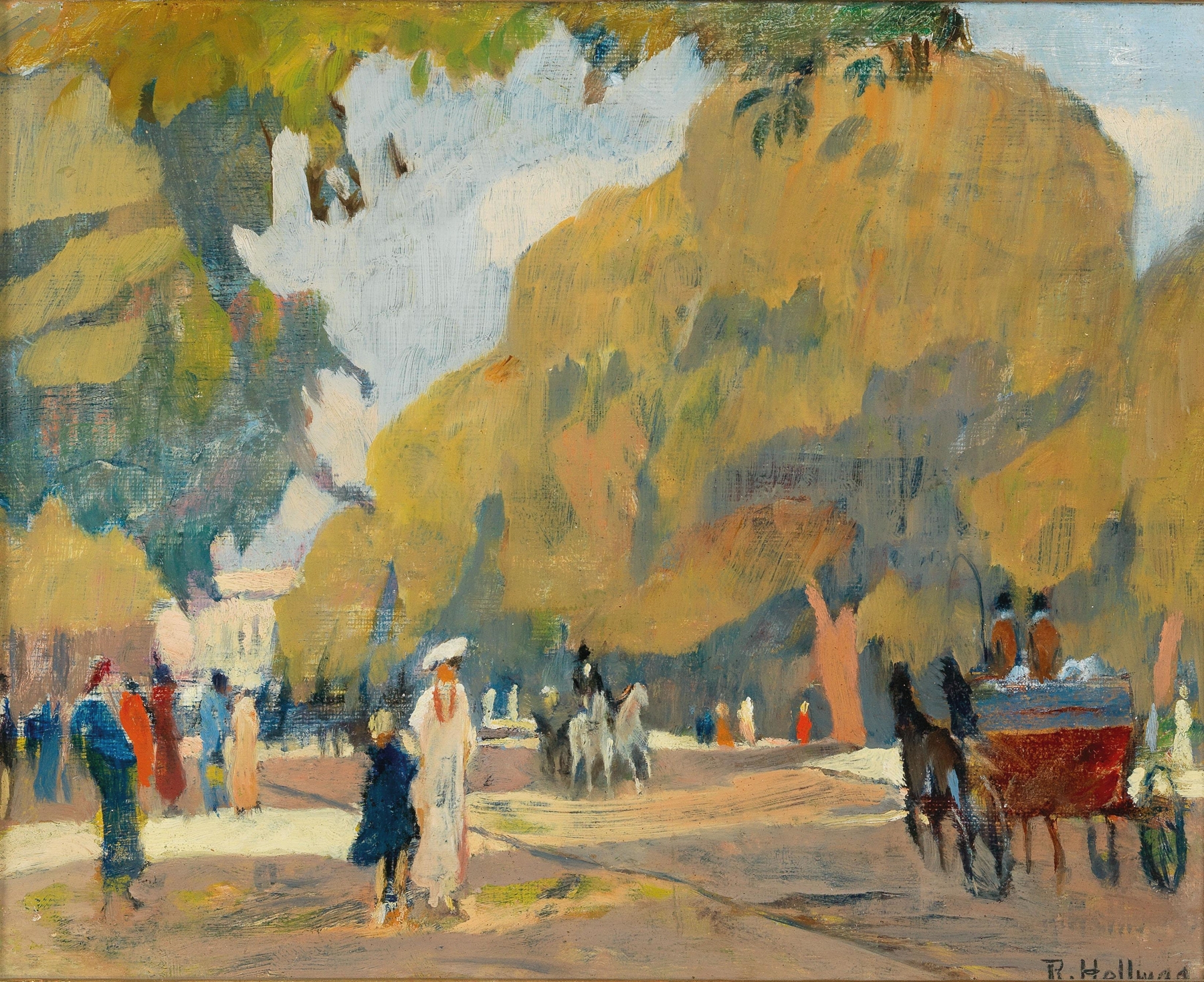 Allee im Hydepark by Rudolf Hellwag, oil on canvas, depicting a sunlit pathway surrounded by lush greenery.