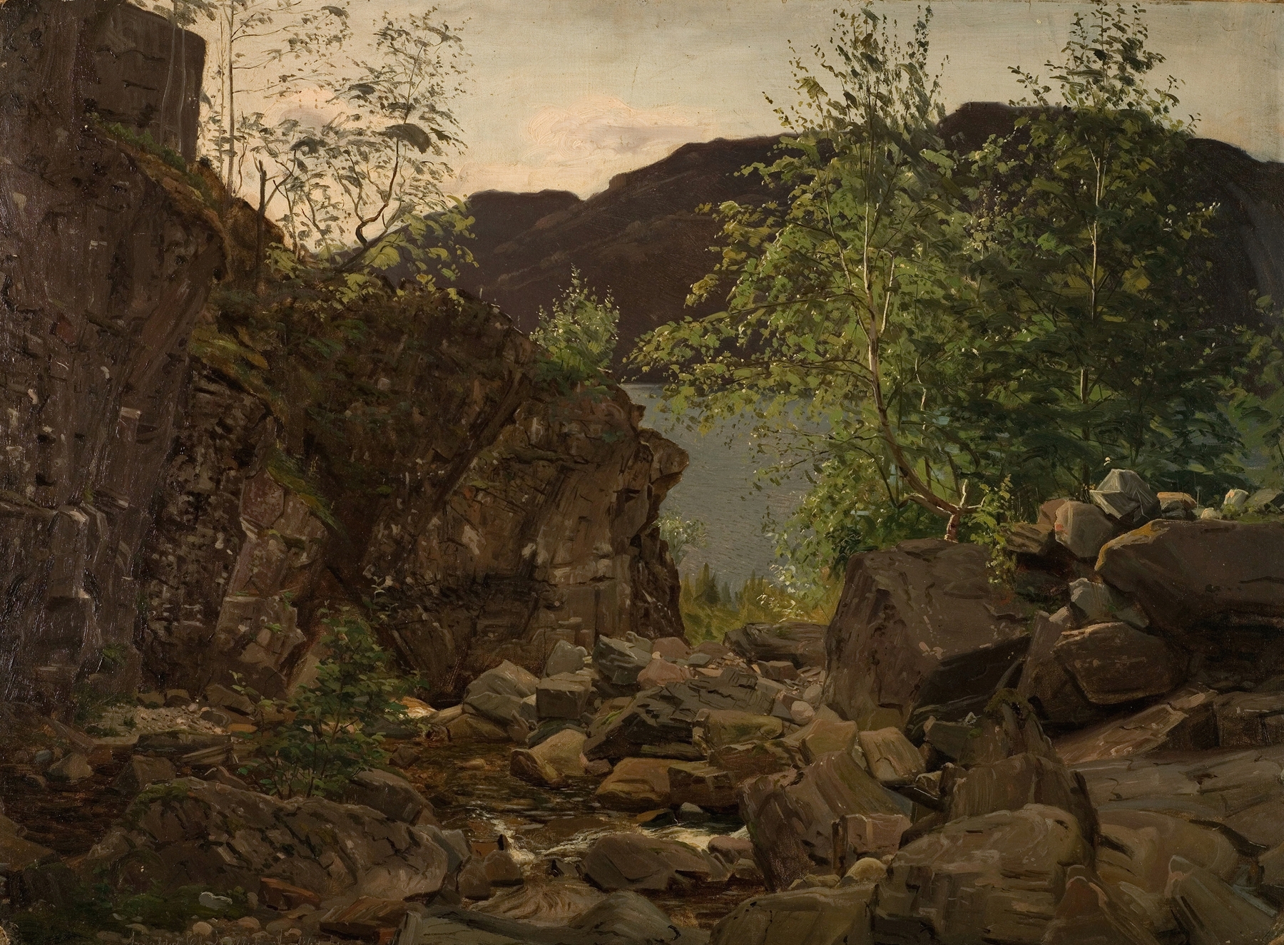 Landscape oil painting by Amaldus Nielsen featuring a river, mountains, and reflective water