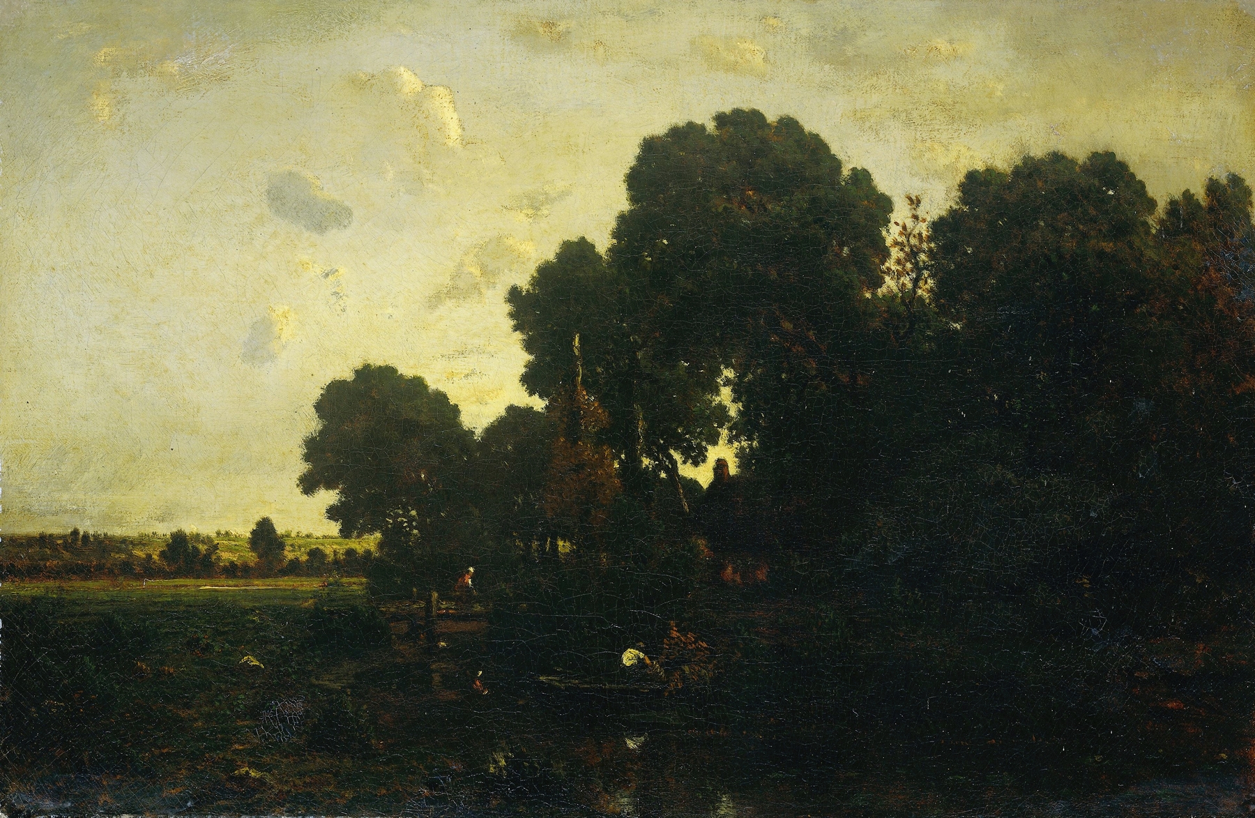 Twilight landscape with trees and a night sky, oil painting by Théodore Rousseau