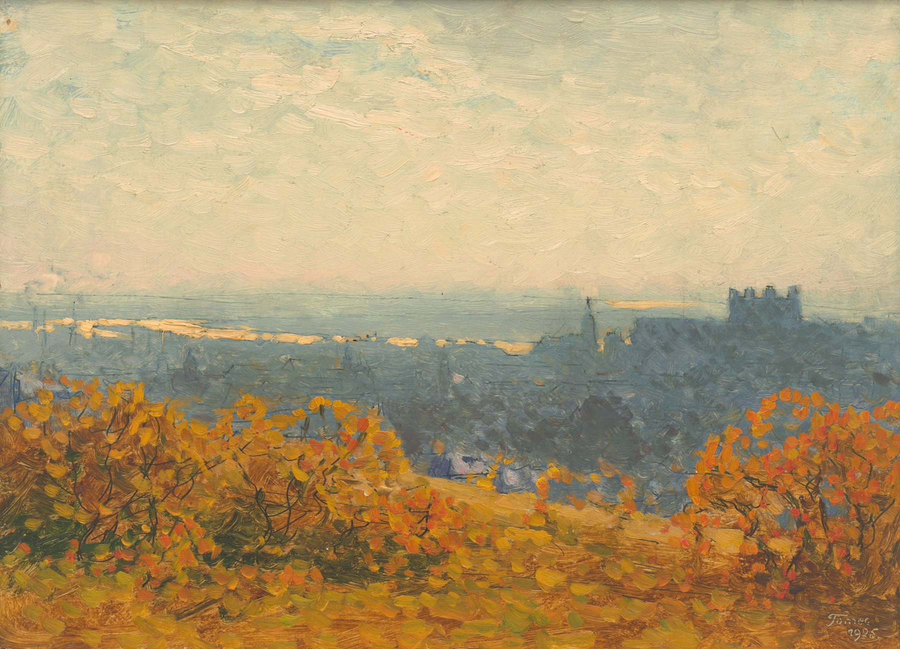 View of Bratislava by Jindřich Tomec, oil on canvas depicting a city at twilight