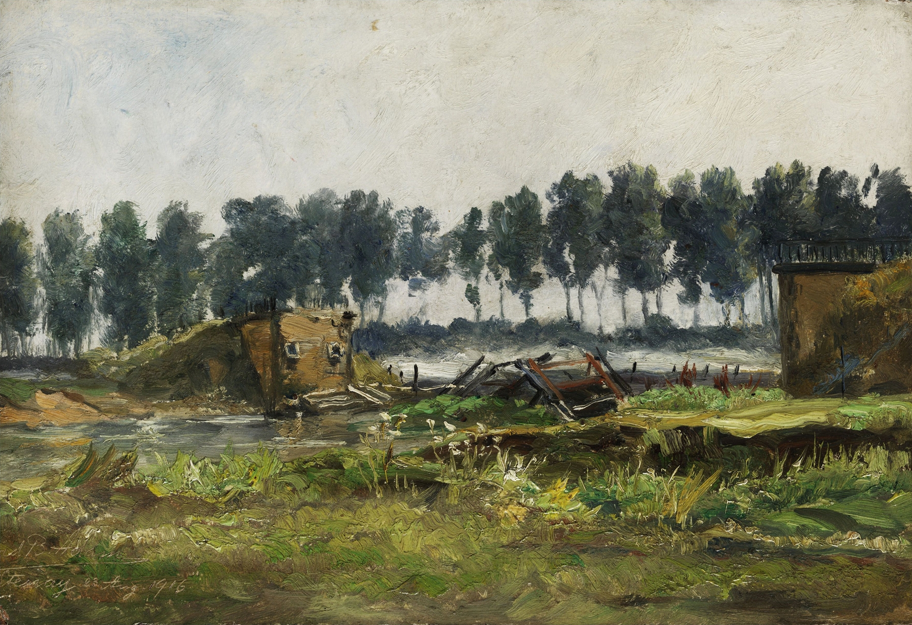 Eingestürzte Brücke by Richard Benno Adam, oil on canvas depicting a crumbling bridge and a muted sky.