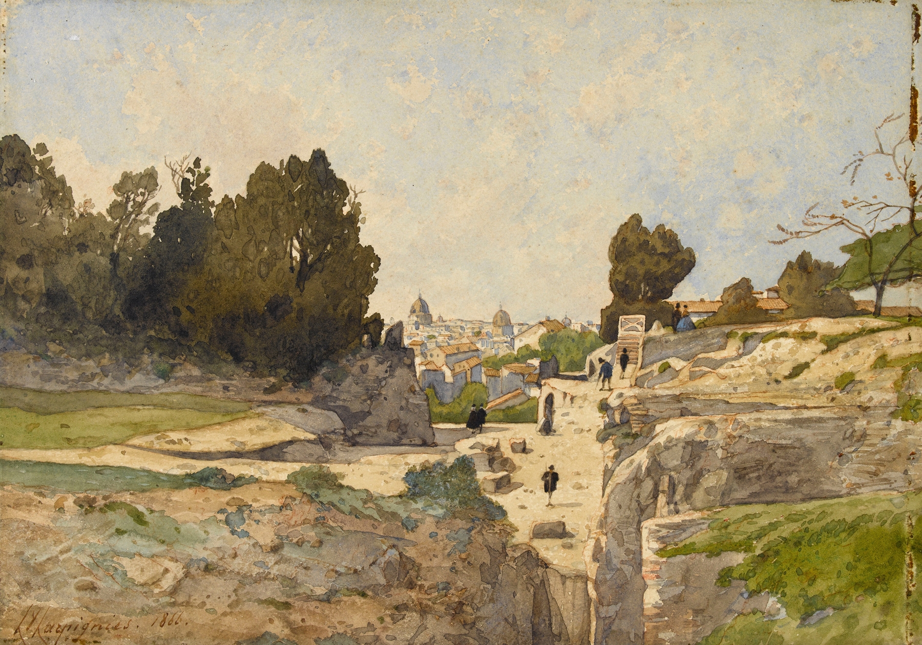 Landscape with ancient ruins under an azure sky by Henri-Joseph Harpignies, oil painting