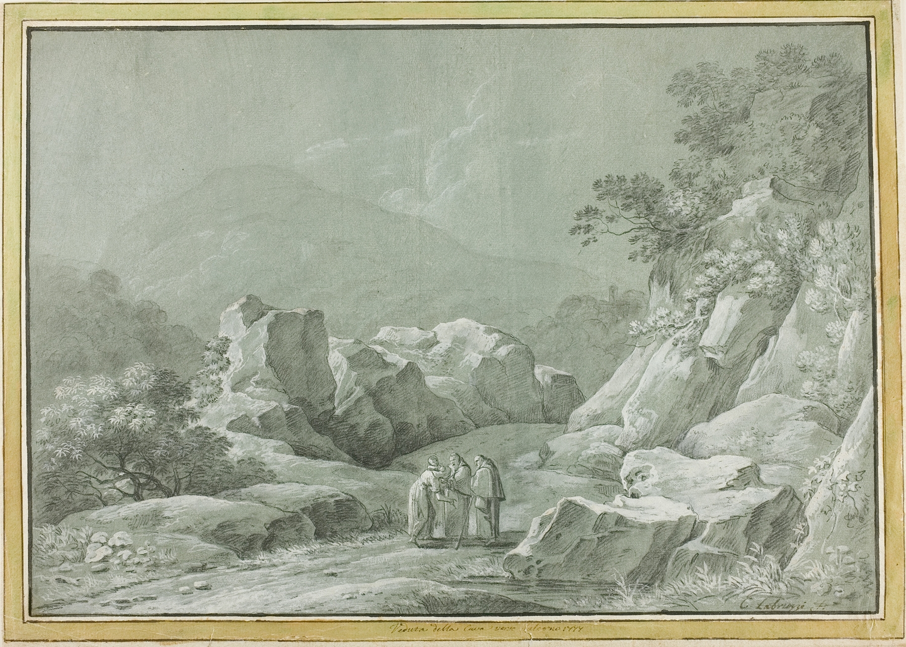 Two monks offer water to a woman and child in a wilderness, oil painting by Carlo Labruzzi.