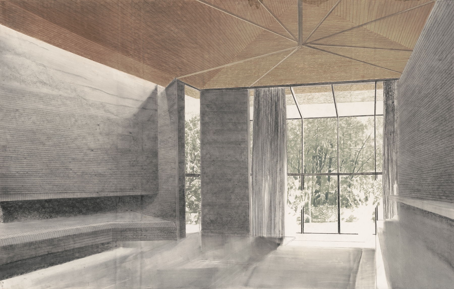 Interior scene of Aspen House by Victor Alfred Lundy, featuring light and shadows.
