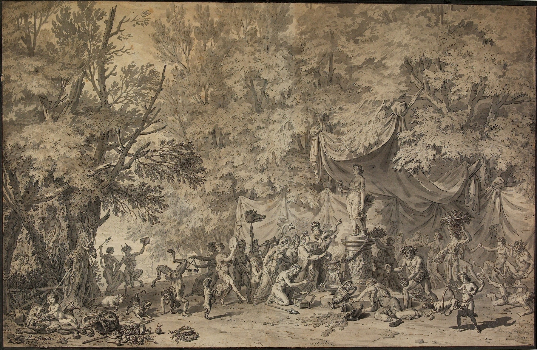 Bacchanal with a Statue of Ceres, oil on canvas by Paul Grégoire, featuring vibrant figures and lush colors.