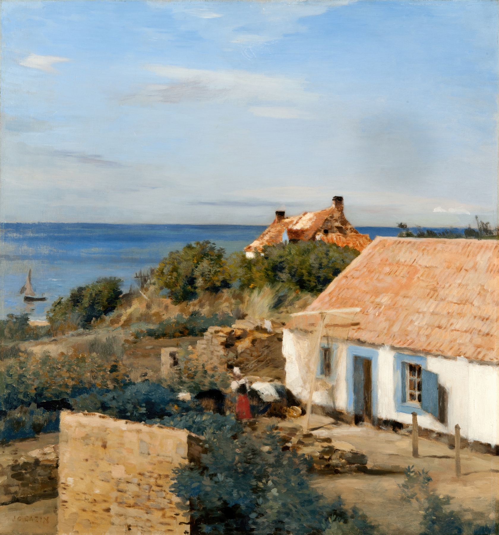 French Landscape by Jean Charles Cazin, oil painting depicting rolling hills and golden light.