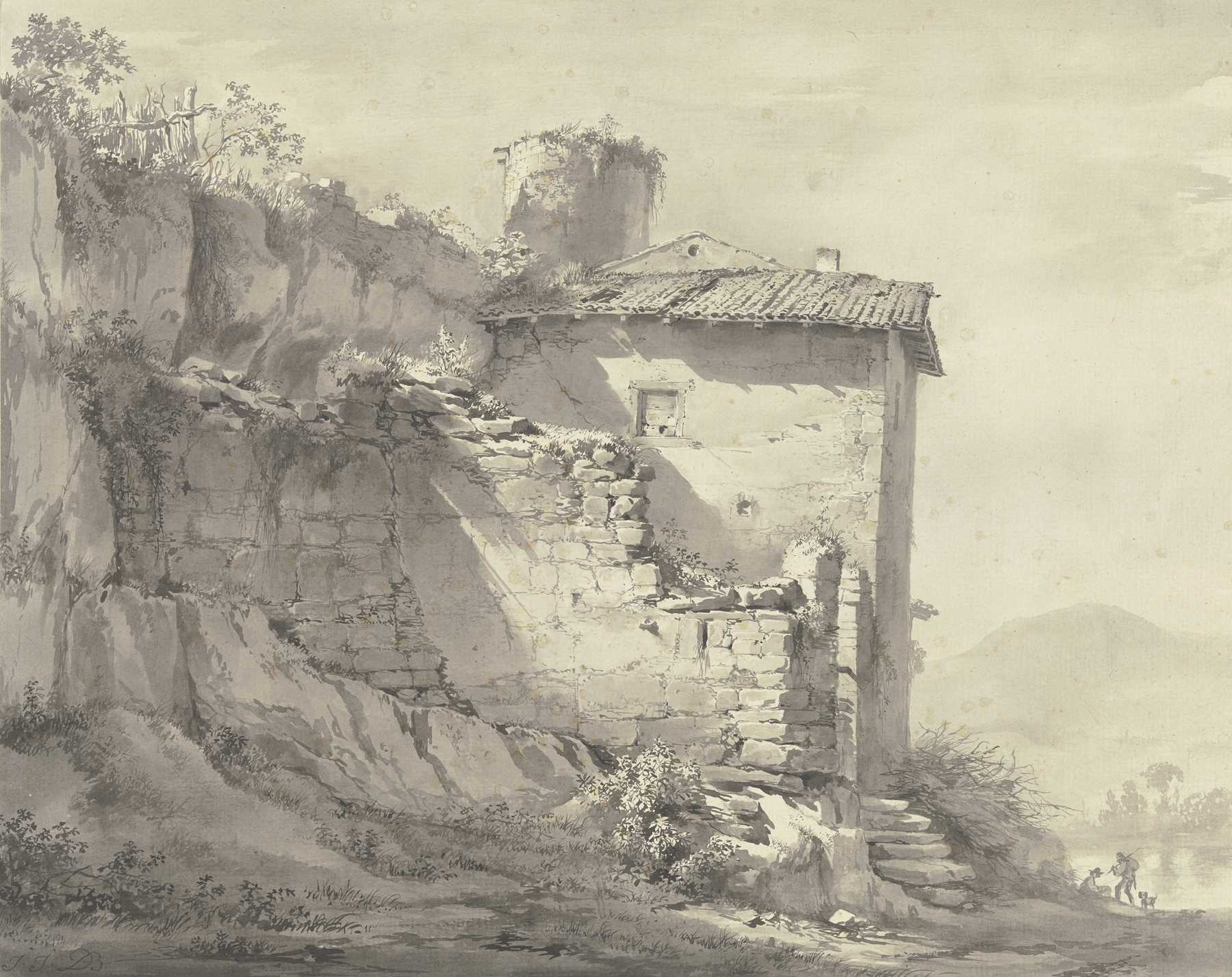 Engraving by Jean-Jacques de Boissieu depicting ruins in a landscape.