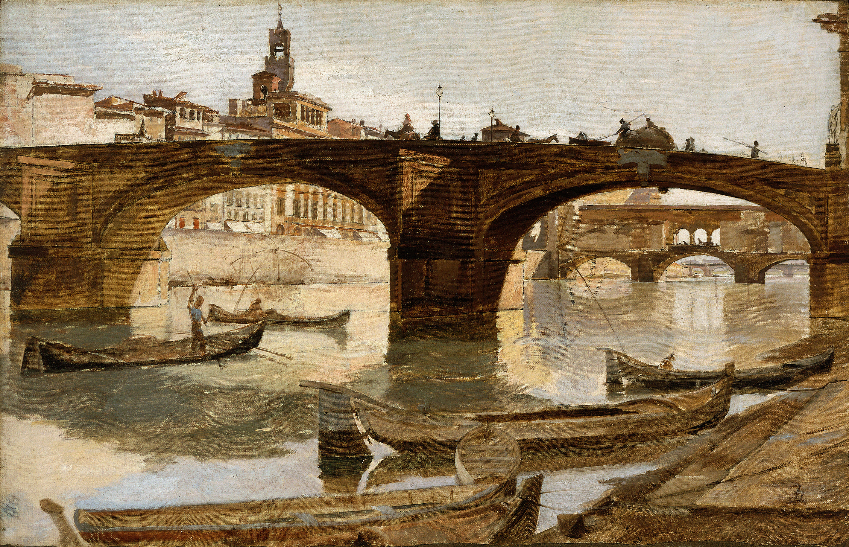 The Bridges, Florence by Frank Duveneck, oil on canvas depicting a Tuscan landscape.