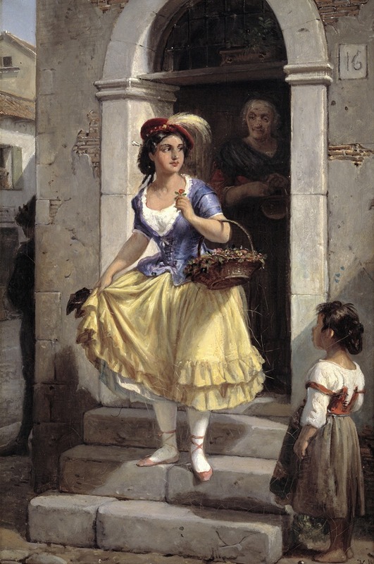 A depiction of an Italian woman on her way to the carnival.